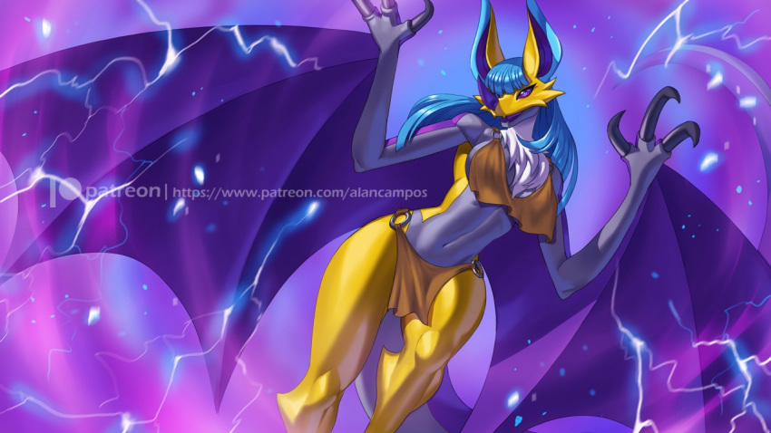 16:9 2020 3_fingers alanscampos anthro bat_nose blue_eyes blue_hair bra breasts brown_clothing chest_tuft claws clothing digital_media_(artwork) electricity fak&eacute;mon female fingers fur grey_body hair lightning loincloth membrane_(anatomy) membranous_wings multicolored_ears navel nintendo open_mouth pok&eacute;mon purple_nose purple_sclera purple_tail solo tuft underwear video_games watermark white_body white_fur widescreen winged_arms wings yellow_body yellow_fur