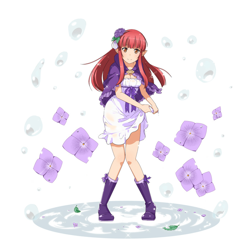 1girl bangs blunt_bangs boots breasts brown_eyes cleavage closed_mouth dress faux_figurine floating_hair flower full_body hair_flower hair_ornament highres leaning_forward long_hair looking_at_viewer medium_breasts official_art pointy_ears purple_capelet purple_flower purple_footwear purple_ribbon rain_(sao) red_hair rei_no_himo ribbon shiny shiny_hair short_dress smile solo standing sword_art_online sword_art_online:_memory_defrag transparent_background very_long_hair wet wet_clothes wet_dress white_dress