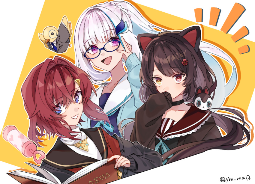 3girls :d adjusting_eyewear akym ange_katrina animal_ears bird black_hair blue-framed_eyewear blue_eyes blue_neckwear book dog_ears dog_hair_ornament flower glasses hair_flower hair_ornament heart heart_print heterochromia highres inui_toko lize_helesta long_sleeves looking_at_viewer monocle multiple_girls necktie nijisanji open_book open_mouth purple_eyes rattle red_eyes red_hair sebastian_piyodore short_hair smile twitter_username two-tone_background white_background white_hair yellow_background yellow_eyes