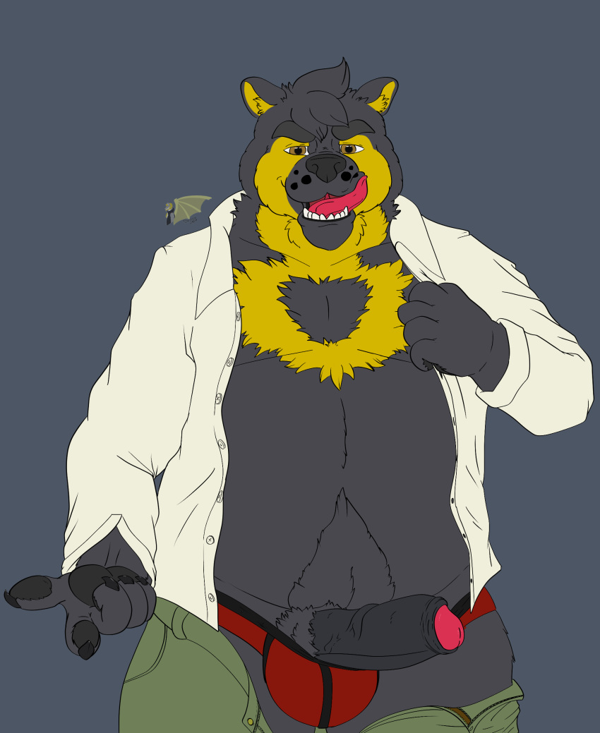 absurd_res anthro balls_in_underwear belly clothing erection foreskin grin hi_res male mammal nivardo_(fursona) seiferwolfdragon simple_background slightly_chubby smile solo underwear undressing ursid