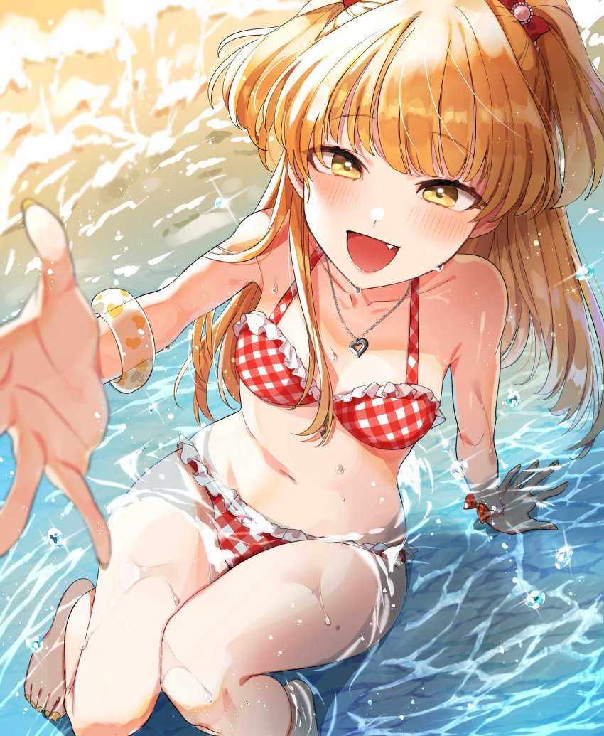 1girl :d absurdres arm_support bangs barefoot bikini blonde_hair blunt_bangs blush bow breasts collarbone commentary_request eyebrows_visible_through_hair fang hair_bow heart heart_necklace highres idolmaster idolmaster_cinderella_girls jougasaki_rika long_hair looking_at_viewer nail_polish navel omaru_(0marufestival) open_mouth partially_submerged plaid plaid_bikini red_bikini red_bow small_breasts smile solo swimsuit two_side_up water wet yellow_eyes yellow_nails