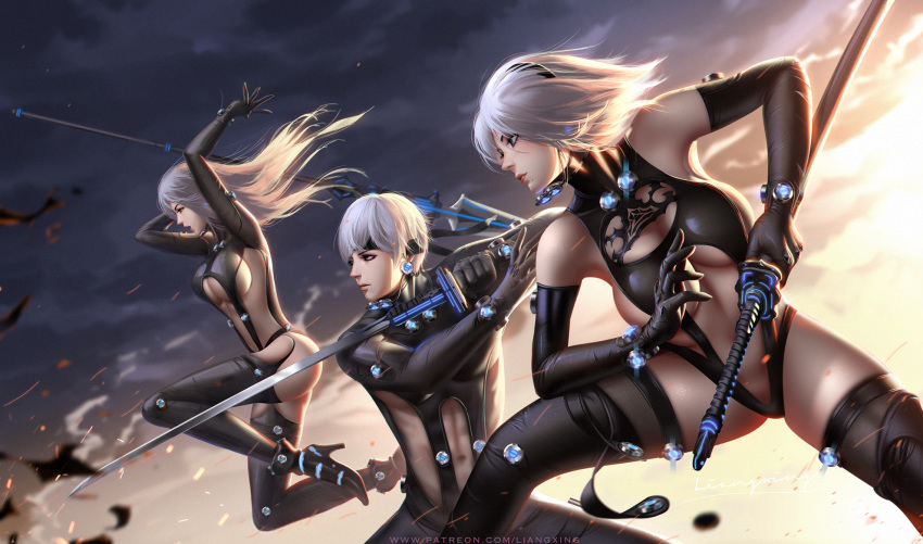 1boy 2girls arms_up black_bodysuit black_hairband black_legwear blue_eyes bodysuit boots breasts cleavage_cutout elbow_gloves fighting_stance gantz gantz_suit gloves hairband headband high_heels highres holding holding_lance holding_polearm holding_sword holding_weapon katana lance large_breasts latex_bodysuit latex_leotard leotard liang_xing lips long_hair mole mole_under_mouth multiple_girls nier_(series) nier_automata no_blindfold open_mouth outdoors polearm profile short_hair silver_hair skin_tight sword thigh_boots thighhighs thighhighs_under_boots weapon yorha_no._2_type_b yorha_no._9_type_s yorha_type_a_no._2
