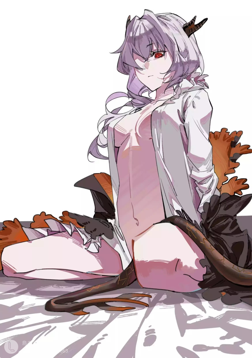 1girl absurdres arknights bangs black_dress breasts closed_mouth dress highres horns looking_at_viewer medium_breasts medium_hair mitsuguan navel off_shoulder open_clothes open_shirt red_eyes shirt silver_hair sitting solo tail talulah_(arknights) underboob white_shirt