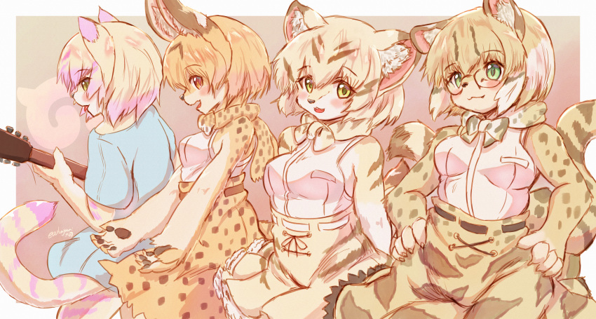 2019 5_fingers anthro blonde_hair blush breasts cute_fangs daiha eyewear felid feline felis female fingers fur glasses green_eyes group hair hand_on_hip hi_res kemono_friends leopardus looking_at_viewer mammal margay margay_(kemono_friends) open_mouth pawpads playing_music sand_cat sand_cat_(kemono_friends) scarf serval serval-chan short_hair simple_background smile tan_body tan_fur tongue tongue_out yellow_eyes