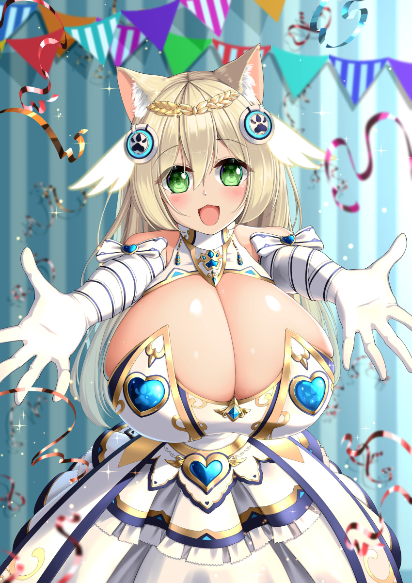 :d absurdres animal_ears bare_shoulders blonde_hair blush breasts cat_ears cleavage confetti dress elbow_gloves gloves green_eyes hair_ornament head_wings highres huge_breasts incoming_hug kaedeno_yuu long_hair open_mouth original outstretched_arms pennant smile strapless strapless_dress white_gloves