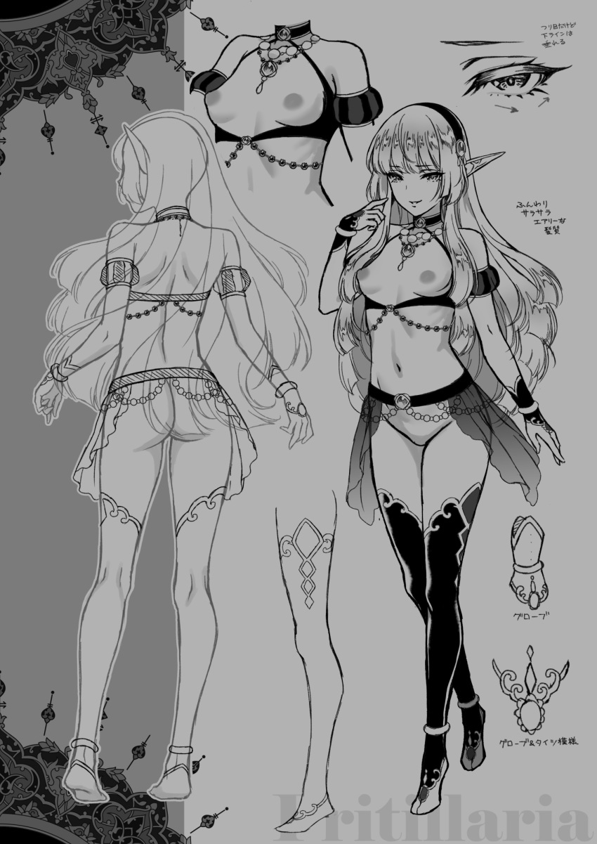 1girl bare_back breasts character_sheet concept_art crossed_legs detached_sleeves elf fritillaria_(usagi_nagomu) gloves greyscale hair_ornament hairband highres jewelry long_hair looking_at_viewer monochrome multiple_views navel necklace nipples open_clothes open_skirt original pointy_ears puffy_detached_sleeves puffy_short_sleeves puffy_sleeves scan short_sleeves sketch skirt small_breasts smile solo standing thighhighs translation_request usagi_nagomu watson_cross