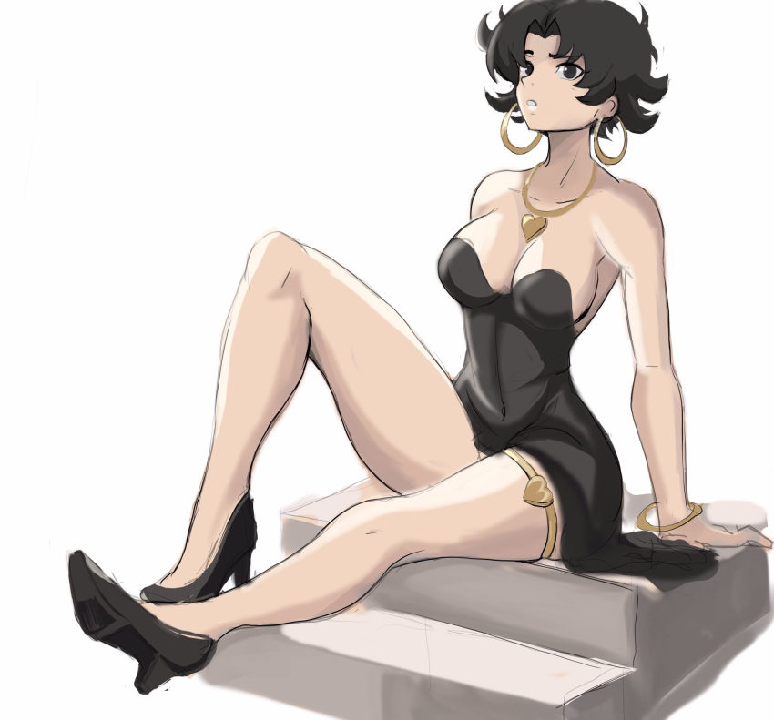 1girl betty_boop betty_boop_(character) black_dress black_eyes black_footwear bracelet breasts dress earrings gold_earrings gold_necklace high_heels highres hoop_earrings jewelry medium_breasts messy_hair necklace rakeem_garcia-cueto short_hair sitting stairs thighlet