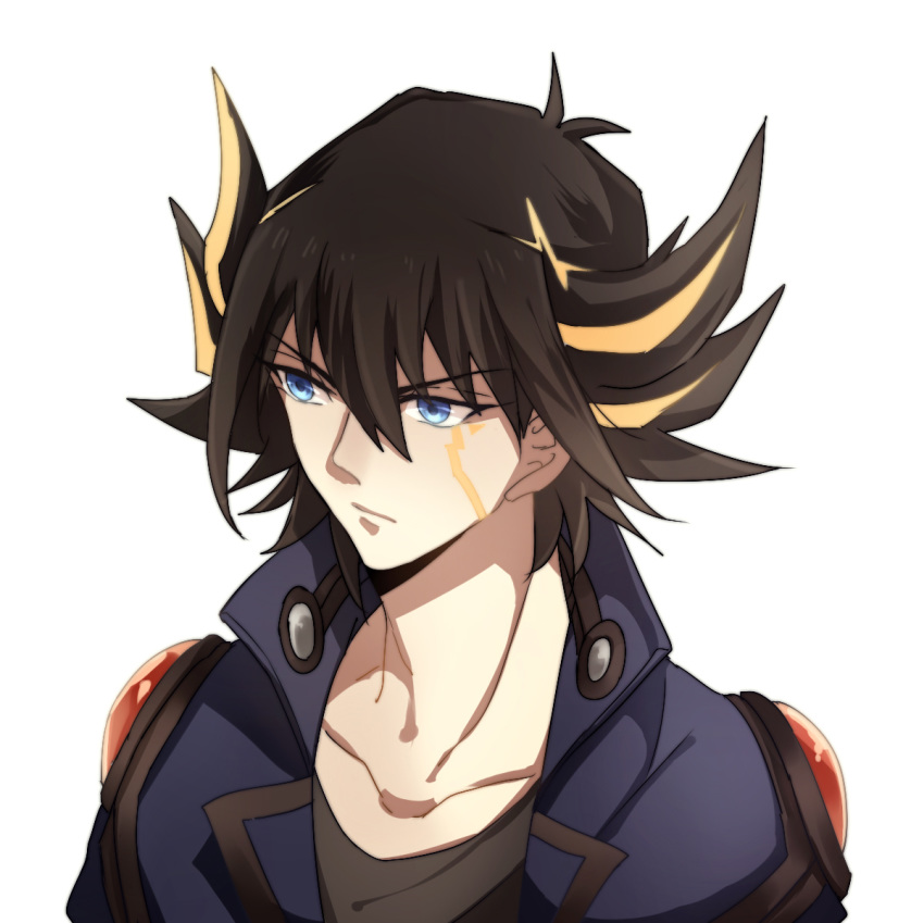 1boy bangs black_hair black_shirt blue_eyes blue_jacket closed_mouth collarbone facial_mark fudou_yuusei grey_background hair_between_eyes highlights highres jacket long_hair looking_to_the_side male_focus multicolored_hair open_clothes open_jacket rozy shirt simple_background solo spiked_hair upper_body yuu-gi-ou yuu-gi-ou_5d's