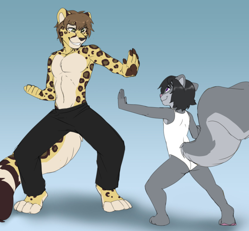 anthro billie_(kanrodstavoyan) cheetah clothing duo felid feline female hair jailbird male male/female mammal martial_arts rodent sciurid