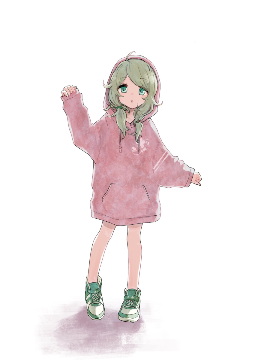 1girl :o ahoge blonde_hair blush commentary_request drawstring eyebrows_visible_through_hair full_body green_eyes highres hood hoodie_dress idolmaster idolmaster_cinderella_girls kyouno long_hair long_sleeves looking_at_viewer low_twintails parted_lips pink_hoodie shoes simple_background sleeves_past_wrists sneakers solo twintails white_background yusa_kozue