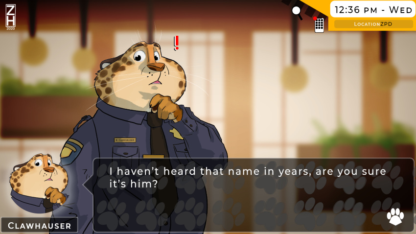 ! 16:9 2020 anthro badge benjamin_clawhauser blurred_background cellphone cheetah chubby_male claws clothed clothing confusion dialogue dialogue_box digital_media_(artwork) disney dress_shirt ears_down english_text felid feline footprint fur hi_res icon looking_at_viewer magnifying_glass male mammal name_tag necktie open_mouth overweight pattern pawprint phone pivoted_ears police police_uniform shirt slightly_chubby solo spots spotted_body spotted_fur text topwear uniform video_games visual_novel whisker_spots whiskers widescreen zhearun zootopia zpd