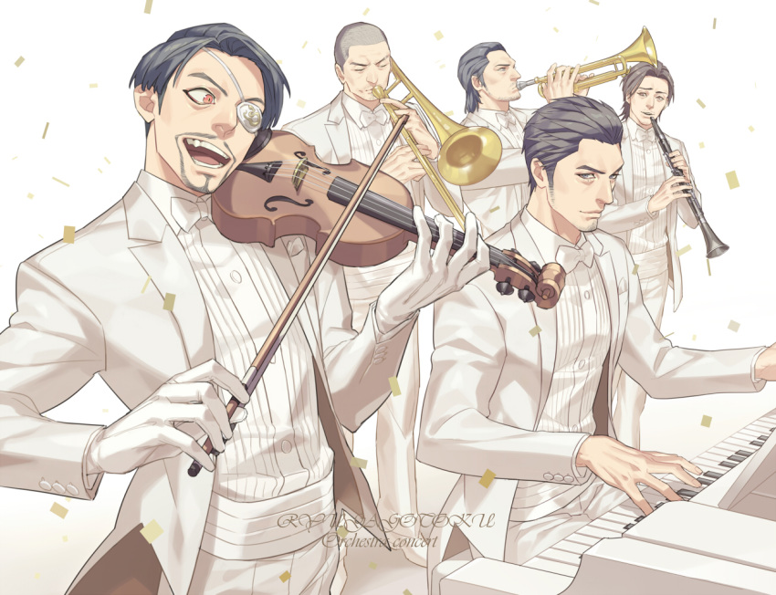 5boys akiyama_shun black_hair bow bow_(instrument) bowtie clarinet confetti cummerbund doujima_daigo eyepatch facial_hair formal gloves goatee instrument kiryuu_kazuma majima_gorou male_focus multiple_boys music orange_eyes pants piano playing_instrument ryuu_ga_gotoku saejima_taiga sitting standing stubble suit talgi trombone trumpet violin white_background white_bow white_footwear white_gloves white_pants white_suit