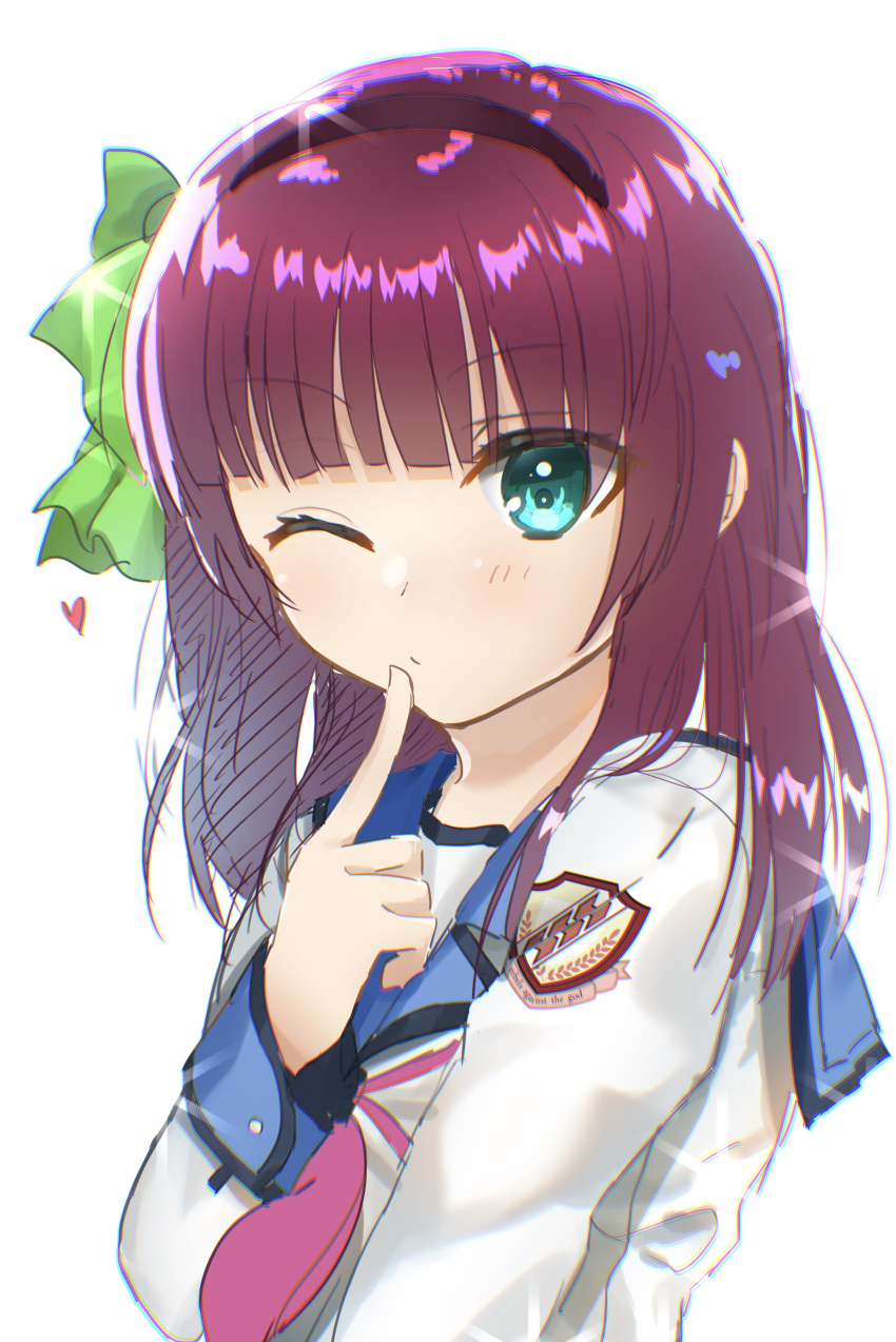 1girl absurdres angel_beats! aqua_eyes bangs black_hairband blue_sailor_collar blunt_bangs bow closed_mouth collared_shirt eyebrows_visible_through_hair finger_to_mouth green_bow hair_bow hairband heart highres index_finger_raised long_hair long_sleeves looking_at_viewer one_eye_closed pink_neckwear purple_hair sailor_collar sailor_shirt school_uniform serafuku shinda_sekai_sensen_uniform shiny shiny_hair shirt simple_background solo standing upper_body white_background white_shirt yuri_(angel_beats!) zuzuhashi