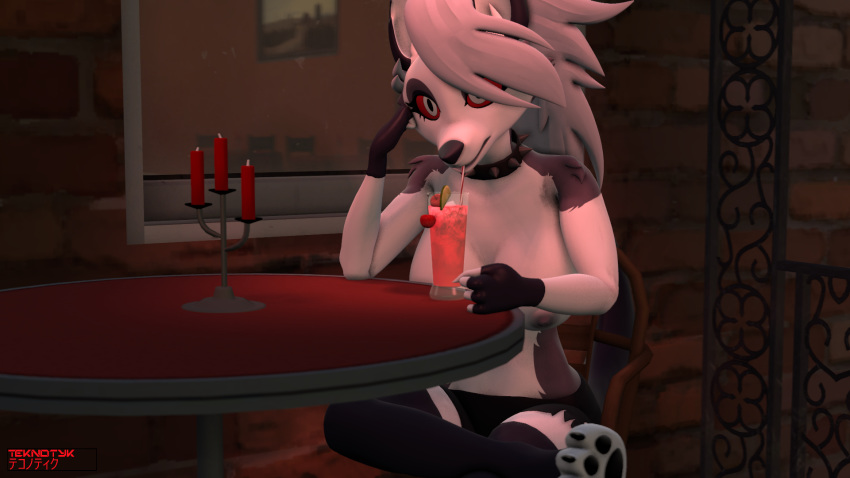16:9 3d_(artwork) alcohol angry anthro beverage breasts canid canid_demon canine collar demon digital_media_(artwork) exposed_breasts female fist fur grey_body grey_fur hair hellhound helluva_boss hi_res looking_at_viewer loona_(vivzmind) mammal multicolored_body multicolored_fur nipples pawpads paws public public_nudity red_eyes sitting solo source_filmmaker spiked_collar spikes teknotyk white_body white_fur white_hair widescreen