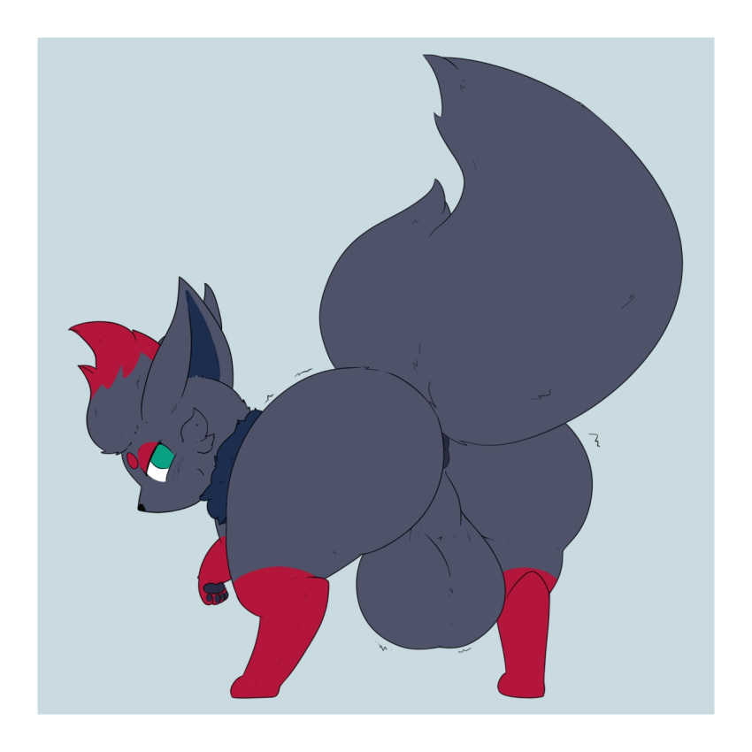 1:1 2018 anus arawnn arawnn_(artist) backsack balls balls_expansion big_balls big_butt black_body black_fur border butt butt_expansion canid canine expansion fan_character feral fluffy fluffy_tail fur genitals green_eyes grey_background hi_res huge_balls huge_butt looking_at_viewer looking_back lumpsofcole male mammal multicolored_body multicolored_fur nintendo nude pok&eacute;mon pok&eacute;mon_(species) presenting presenting_hindquarters rear_view red_body red_fur simple_background solo thick_thighs two_tone_body two_tone_fur video_games white_border zorua