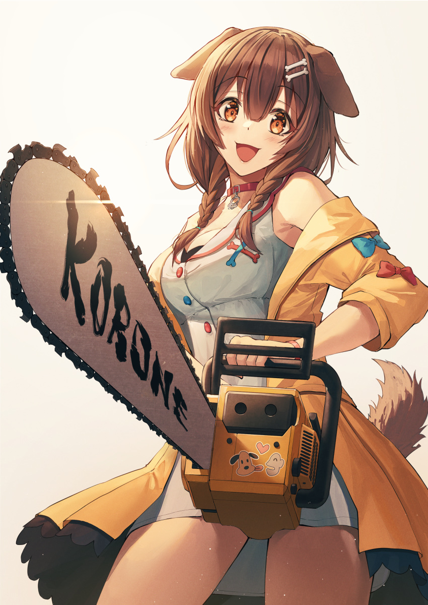 1girl absurdres animal_ears bare_legs blush bone_hair_ornament braid breasts brown_hair chainsaw character_name choker commentary cowboy_shot dog_ears dog_tail dress eyebrows_visible_through_hair foreshortening glint grey_background hair_between_eyes hair_ornament highres holding_chainsaw hololive inugami_korone jacket looking_at_viewer mazeru_(oekaki1210) medium_breasts medium_hair off_shoulder open_clothes open_jacket open_mouth orange_eyes red_choker short_dress side_braids simple_background sleeveless sleeveless_dress smile solo tail thighs twin_braids virtual_youtuber white_dress wristband yellow_jacket