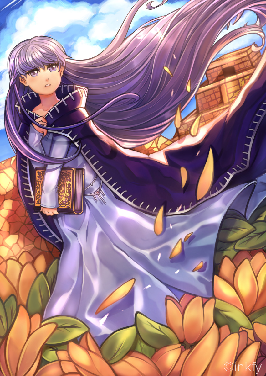 1girl absurdres belly_chain blue_dress book braid cape cloak commission dress expressionless fire_emblem fire_emblem:_the_binding_blade fire_emblem_cipher fire_emblem_heroes flower hair_blowing highres holding holding_book huge_filesize inkfy jewelry long_hair long_sleeves purple_eyes purple_hair shiny shiny_hair signature sky solo sophia_(fire_emblem) temple