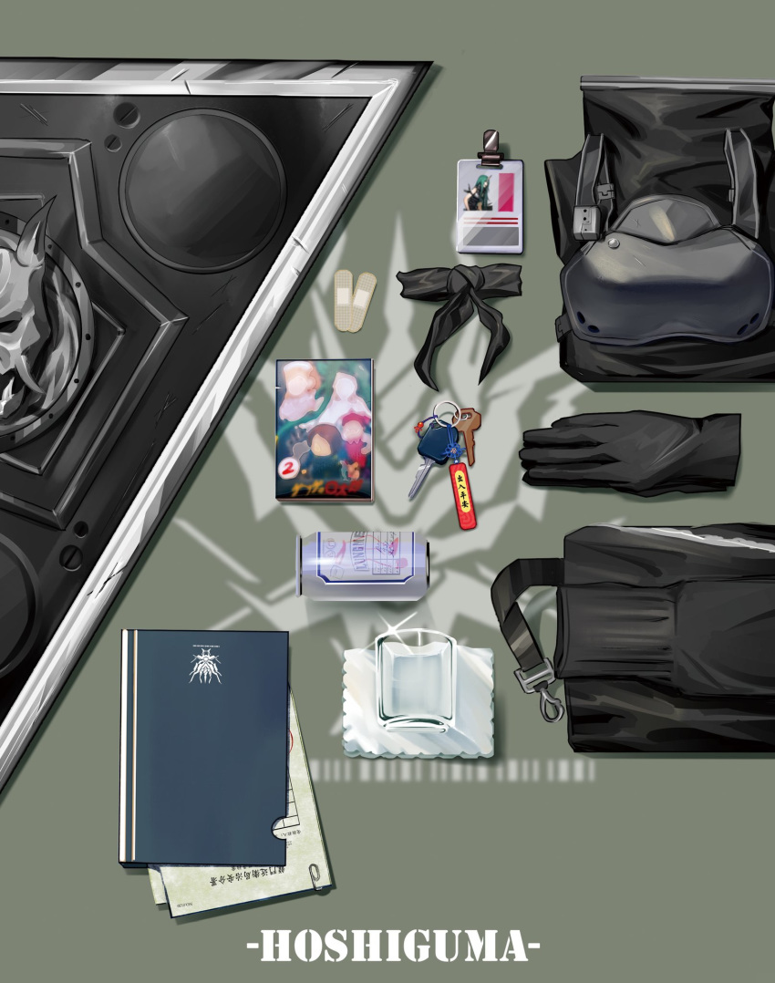 arknights armband bandaid beer_can black_gloves black_shirt breastplate can character_name cup drinking_glass file folded_clothes gloves great_lungmen_logo highres hoshiguma_(arknights) key manga_(object) name_tag no_humans shield shirt ting_(machi_nakahara)