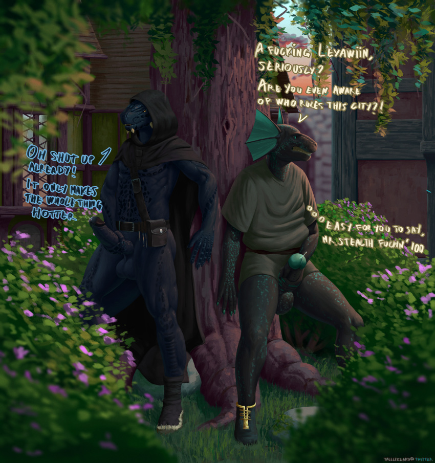 anthro argonian balls bethesda_softworks big_balls big_penis bodily_fluids bottomless clenched_teeth clothed clothing dialogue digital_media_(artwork) duo english_text erection exhibitionism genital_fluids genitals hi_res humanoid_genitalia humanoid_penis long_penis male masturbation oblivion penis penis_grab precum public_masturbation reptile scales scalie standing tall_lizzard_(artist) teeth text the_elder_scrolls thick_penis video_games