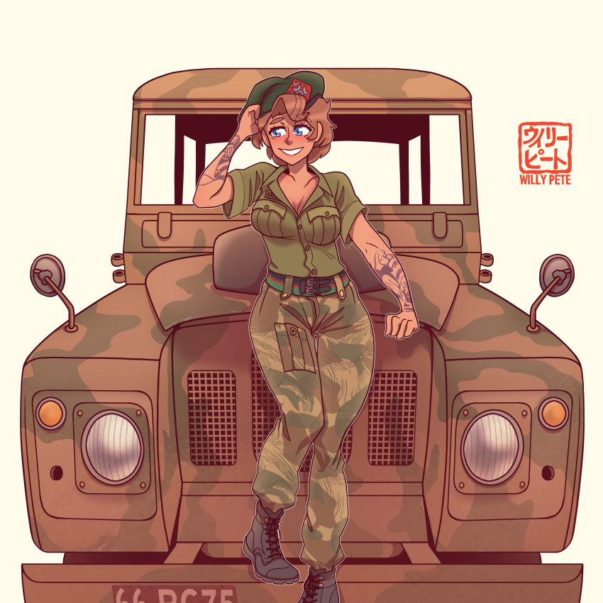 1girl absurdres artist_name beret blue_eyes blush breasts brown_hair camouflage camouflage_pants cleavage commission hat highres land_rover license_plate original pants smile solo tattoo willy_pete