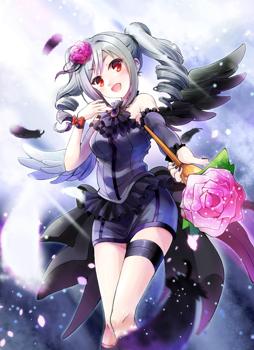 1girl :d absurdres asymmetrical_sleeves bangs black_nails blush bow drill_hair floating_hair flower frilled_sleeves frills grey_skirt grey_sleeves hair_flower hair_ornament hair_ribbon highres holding holding_staff idolmaster idolmaster_cinderella_girls kanzaki_ranko long_hair looking_at_viewer miniskirt nail_polish open_mouth pencil_skirt pink_flower pink_rose purple_ribbon red_bow red_eyes red_flower red_rose ribbon rose rosenburg_engel shiny shiny_hair silver_hair single_sleeve skirt smile solo staff standing tazu thigh_strap twin_drills