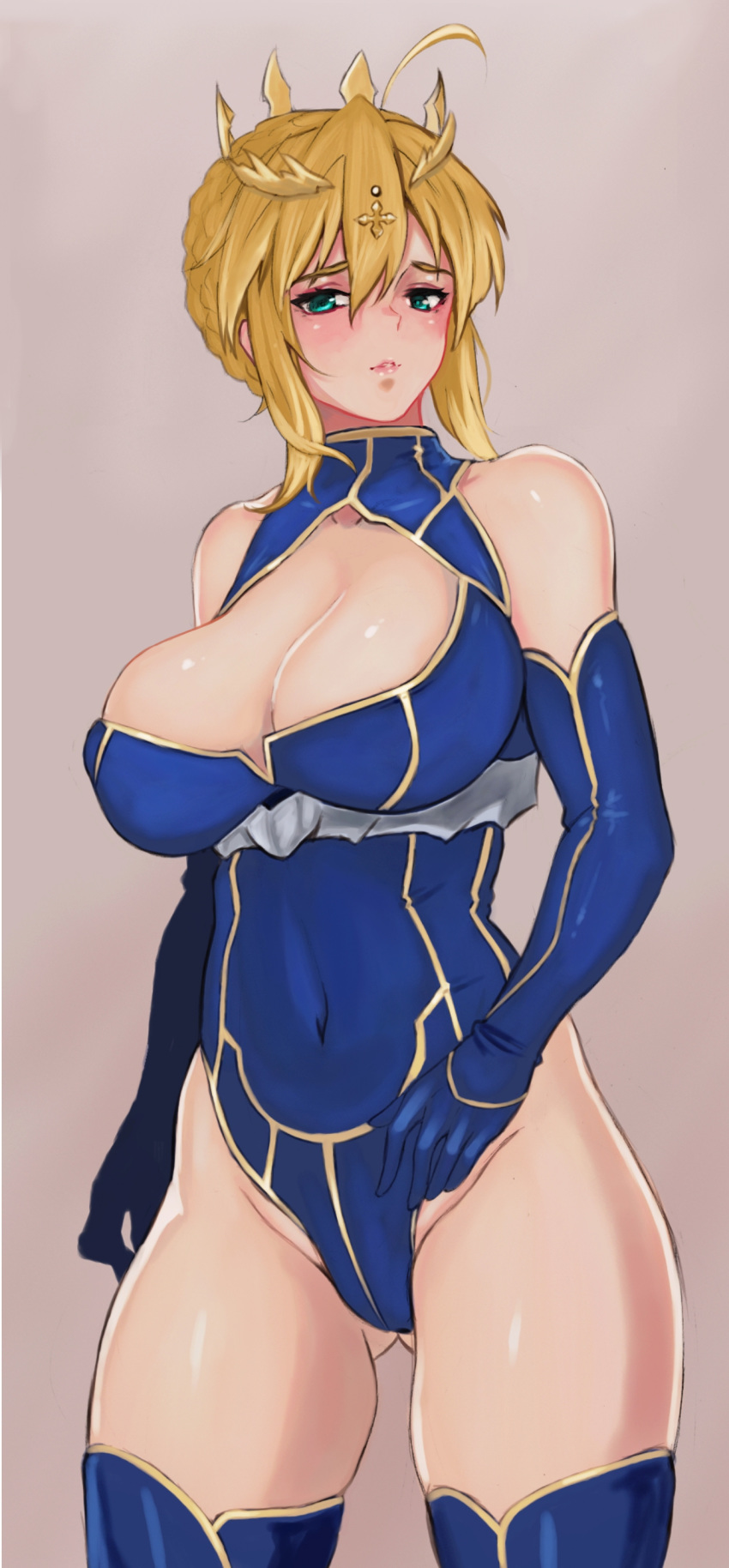 1girl absurdres akira_(yuibnm71) artoria_pendragon_(all) artoria_pendragon_(lancer) blonde_hair blue_gloves blue_leotard breasts cleavage cleavage_cutout elbow_gloves fate/grand_order fate_(series) gloves highres large_breasts leotard shiny shiny_skin solo thighhighs thighs tied_hair