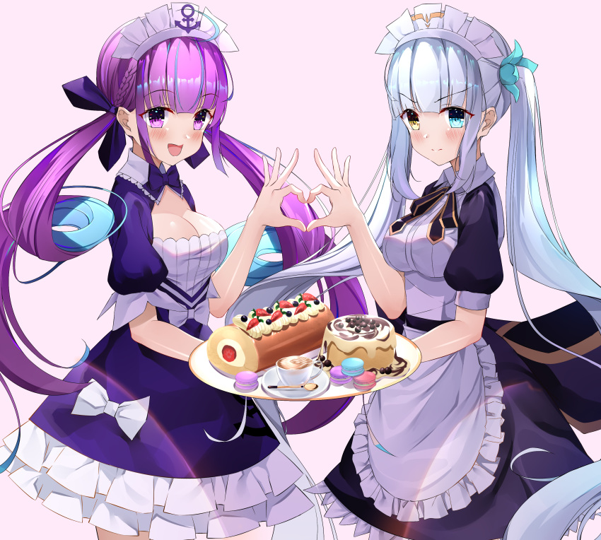 2girls absurdres ahoge anchor_symbol apron bangs blue_background blue_eyes blue_hair blush bow braid breasts cake candy cleavage colored_inner_hair commentary_request cqingwei cup dress eyebrows_visible_through_hair finger_heart food gloves hair_ribbon heterochromia highres holding holding_plate hololive kagura_mea kagura_mea_channel long_hair looking_at_viewer maid_apron maid_headdress medium_breasts minato_aqua multicolored_hair multiple_girls open_mouth plate purple_dress purple_eyes purple_hair ribbon silver_hair simple_background smile solo spoon teacup twintails two-tone_hair virtual_youtuber white_bow