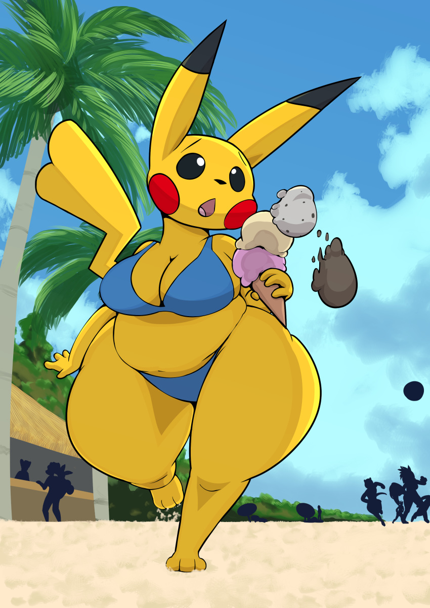 2020 absurd_res anthro anthrofied beach bikini breasts cleft_tail clothing cloud day dessert detailed_background dipstick_ears female food group hi_res ice_cream mammal multicolored_ears nintendo overweight overweight_female palm_tree pikachu plaga pok&eacute;mon pok&eacute;mon_(species) rodent sand seaside short_stack silhouettes solo_focus standing swimwear thick_thighs tree video_games wide_hips yellow_body yellow_skin