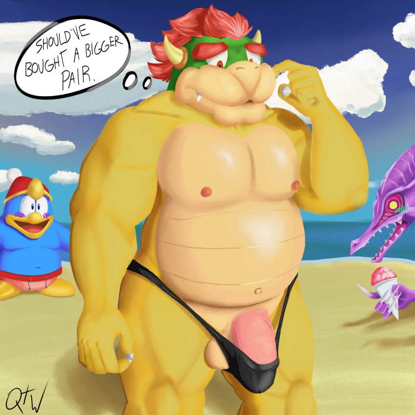 1:1 absurd_res alien anthro areola avian balls barely_contained beach beak belly biceps big_penis bird blush bowser claws clothed clothing cloud dragon embarrassed english_text front_view genitals group hair hat headgear headwear hi_res horn humanoid_genitalia humanoid_penis king_dedede kirby_(series) koopa male mario_bros metroid musclegut muscular muscular_male navel nintendo nipples nude partially_clothed pecs penguin penis qwertythewolf red_eyes red_hair reptile ridley sand scalie sea seaside sharp_claws sharp_teeth skimpy snow_cone standing swimwear teeth text thong underwear video_games water yellow_body