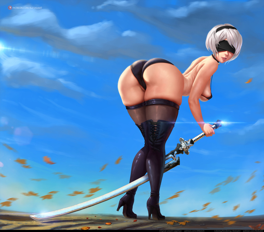 1girl aleska ass back bell bell_choker bent_over bikini black_bikini black_blindfold black_hairband blindfold blue_sky boots breasts cameltoe choker collaboration colorized commentary covered_eyes covered_nipples day english_commentary error from_behind full_body hairband high_heel_boots high_heels highres holding holding_sword holding_weapon jingle_bell large_breasts leaf lips lm_(legoman) looking_at_viewer looking_back nier_(series) nier_automata no_mole nose partially_visible_vulva reverse_grip sheer_legwear sideboob silver_hair skindentation sky solo strap_gap swimsuit sword thick_thighs thigh_boots thighhighs thighhighs_under_boots thighs virtuous_treaty weapon wide_hips wind yorha_no._2_type_b