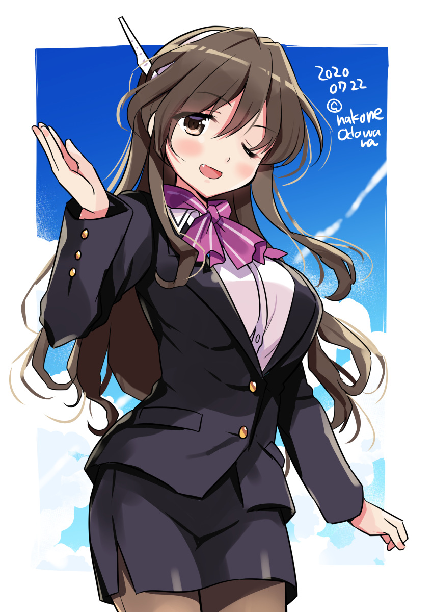 1girl ;d absurdres alternate_costume ashigara_(kantai_collection) black_legwear black_skirt blush breasts brown_eyes brown_hair buttons cowboy_shot dated eyebrows_visible_through_hair fang flight_attendant hairband highres horned_headwear kantai_collection large_breasts long_hair long_sleeves odawara_hakone one_eye_closed open_mouth pantyhose pencil_skirt purple_neckwear shirt skirt smile solo twitter_username white_hairband white_shirt