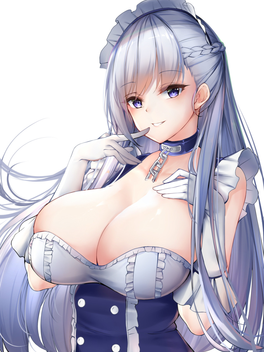 1girl azur_lane bare_shoulders belfast_(azur_lane) blue_eyes braid breasts broken broken_chain chain chixiao cleavage collar dress finger_to_mouth french_braid frilled_dress frills gloves hand_on_breast highres large_breasts long_hair looking_at_viewer maid maid_dress maid_headdress silver_hair smile solo very_long_hair white_gloves