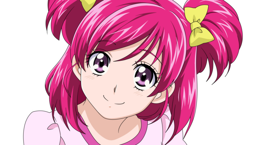 1girl anime_coloring bangs blush bow closed_mouth dearigazu2001 eyebrows_visible_through_hair hair_between_eyes hair_bow highres looking_at_viewer pink_shirt portrait precure purple_eyes red_hair shiny shiny_hair shirt short_hair simple_background smile solo swept_bangs two_side_up white_background yellow_bow yes!_precure_5 yumehara_nozomi