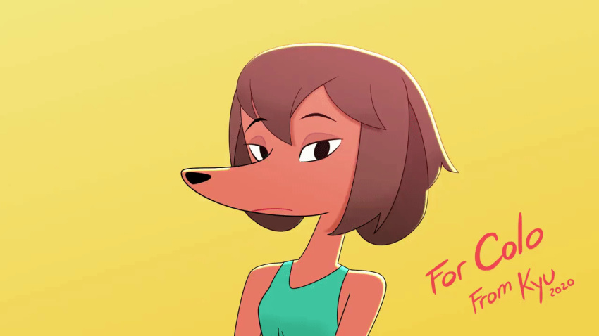 16:9 2020 2d_animation animated anthro black_eyes brown_hair bust_portrait canid canine canis clothing domestic_dog female hair kyu-bum_lee mammal misha_(colo) one_eye_closed portrait shirt short_playtime smile solo tank_top topwear widescreen wink