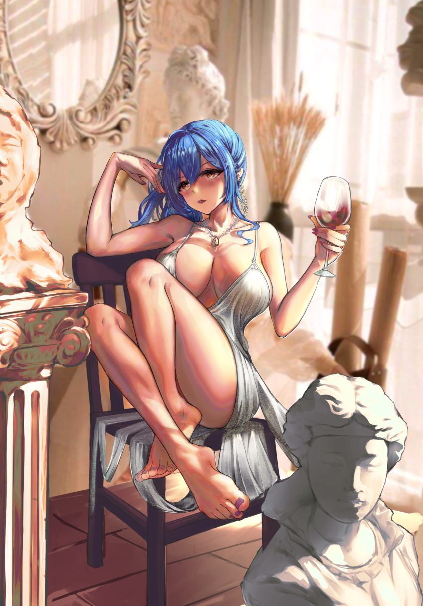 1girl absurdres alcohol azur_lane backless_dress backless_outfit bangs bare_shoulders barefoot blue_hair breasts but chair cleavage commentary_request cup curtains dress drinking_glass earrings evening_gown grey_dress hair_between_eyes halter_dress highres holding holding_cup indoors jewelry large_breasts legs_up mirror nail_polish necklace pillar plunging_neckline purple_nails reflection revealing_clothes side_ponytail sidelocks silver_dress sitting st._louis_(azur_lane) st._louis_(luxurious_wheels)_(azur_lane) statue thighs tile_floor tiles toes window wine_glass yellow_eyes