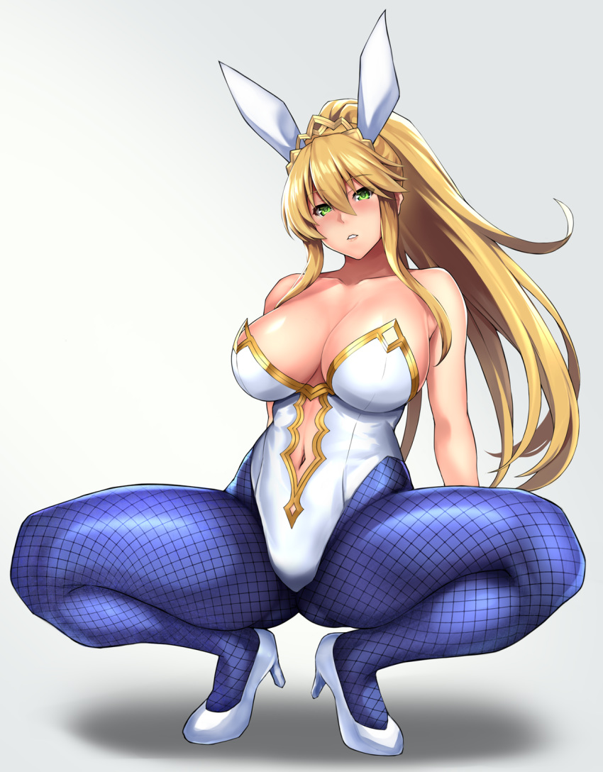 1girl ahoge animal_ears artoria_pendragon_(all) artoria_pendragon_(swimsuit_ruler)_(fate) bangs bare_shoulders blonde_hair blue_legwear braid breasts bunny_ears bunnysuit cleavage fate/grand_order fate_(series) fishnet_legwear fishnets french_braid green_eyes hair_between_eyes highleg highleg_leotard highres large_breasts leaning_back leotard long_hair navel navel_cutout ponytail sidelocks squatting tiara white_leotard wrist_cuffs yashichii