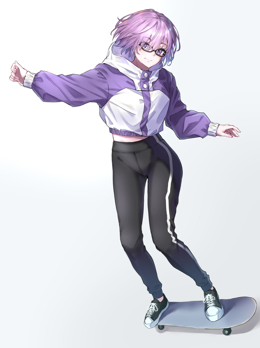 1girl absurdres black_footwear black_pants blush breasts commentary_request eyebrows_visible_through_hair fate/grand_order fate_(series) glasses hair_over_one_eye highres jacket lavender_hair long_sleeves looking_at_viewer mash_kyrielight mr.doukotsu multicolored multicolored_clothes multicolored_jacket pants purple_eyes purple_jacket short_hair skateboard skateboarding smile solo sportswear white_background white_jacket