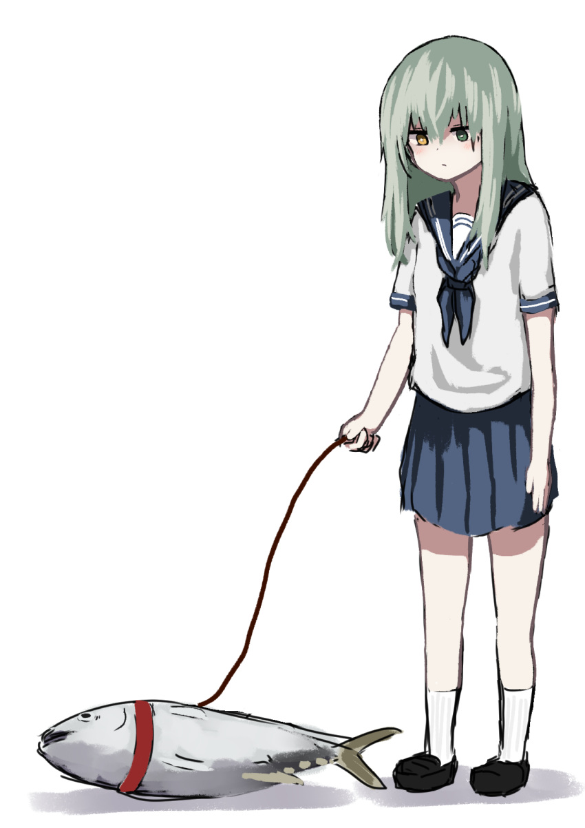 +_- ankle_socks ascot blue_neckwear blue_skirt brown_eyes fish full_body green_eyes green_hair hair_between_eyes heterochromia highres kamatama kuso_zako_choroin_nishiga_hachi leash long_hair looking_down pleated_skirt saiba_mirai school_uniform serafuku shoes short_sleeves simple_background skirt what white_background