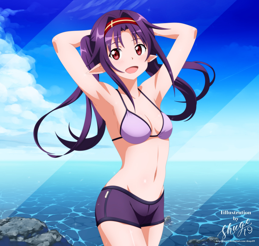 1girl :d absurdres arm_behind_head armpits arms_behind_head artist_name bangs bikini bikini_shorts blue_sky breasts cleavage collarbone cowboy_shot day floating_hair groin hair_between_eyes hair_intakes hairband highres huge_filesize long_hair looking_at_viewer navel ocean open_mouth outdoors pointy_ears purple_bikini purple_hair red_eyes red_hairband shiny shiny_hair shorts shugo19 sideboob sky small_breasts smile solo spaghetti_strap standing swimsuit sword_art_online twintails very_long_hair watermark web_address yuuki_(sao)