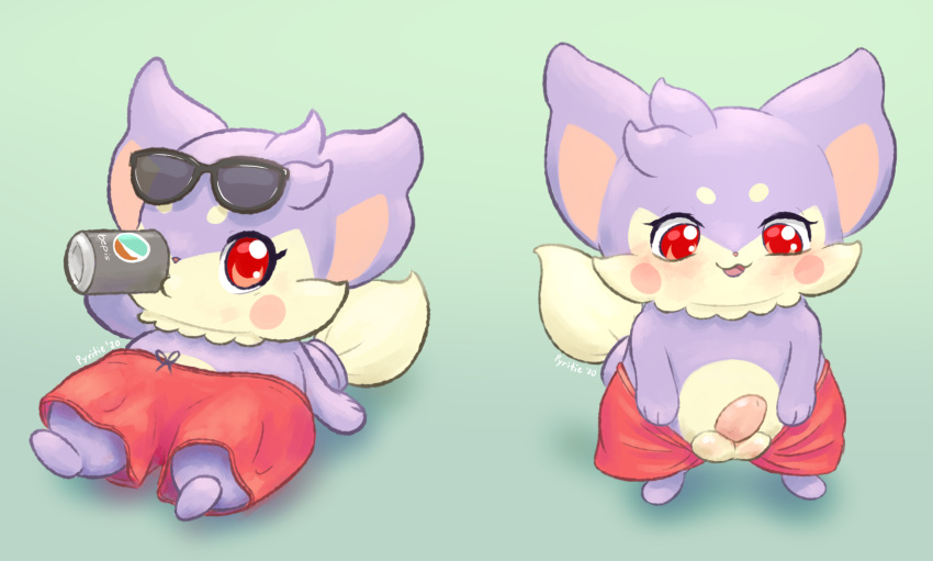 2020 balls bepis bottomwear chibi clothed clothing cocotama digital_media_(artwork) drinking erection eyewear genitals hi_res himitsu_no_cocotama kemono looking_at_viewer male penis presenting purple_body pyritie red_eyes renji_(cocotama) semi-anthro simple_background solo sunglasses swimming_trunks swimwear tan_body