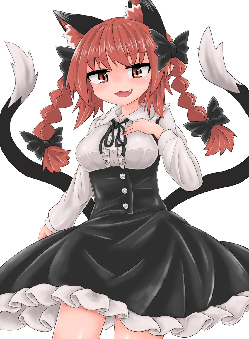 1girl :3 alternate_costume animal_ears bangs black_bow black_dress black_ribbon black_tail bow braid breasts buttons cat_ears cat_tail chups collared_shirt dress extra_ears eyebrows_visible_through_hair fang frilled_dress frills hair_bow hand_on_own_chest highres kaenbyou_rin long_sleeves looking_at_viewer multiple_tails open_mouth red_eyes red_hair red_nails red_neckwear ribbon shirt short_hair simple_background smile solo tail touhou twin_braids two_tails white_background white_frills white_shirt white_sleeves