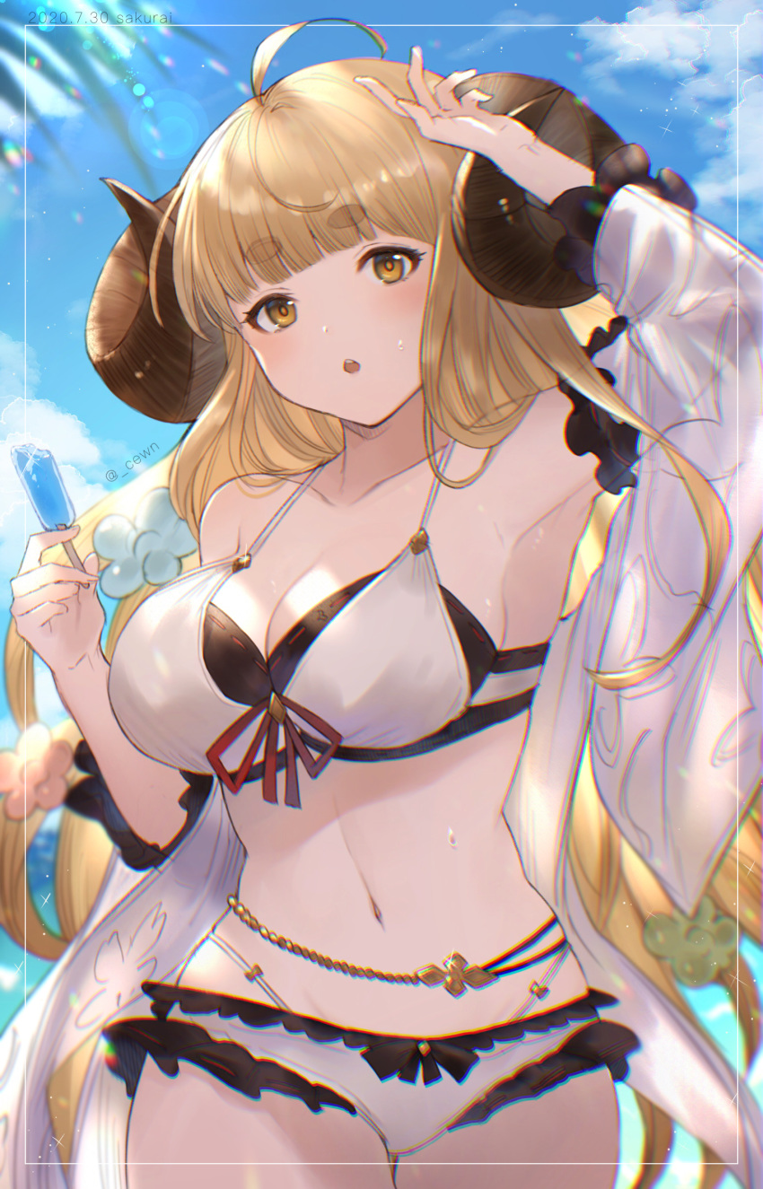 anila_(granblue_fantasy) bikini cleavage granblue_fantasy horns kiri_ph open_shirt see_through swimsuits