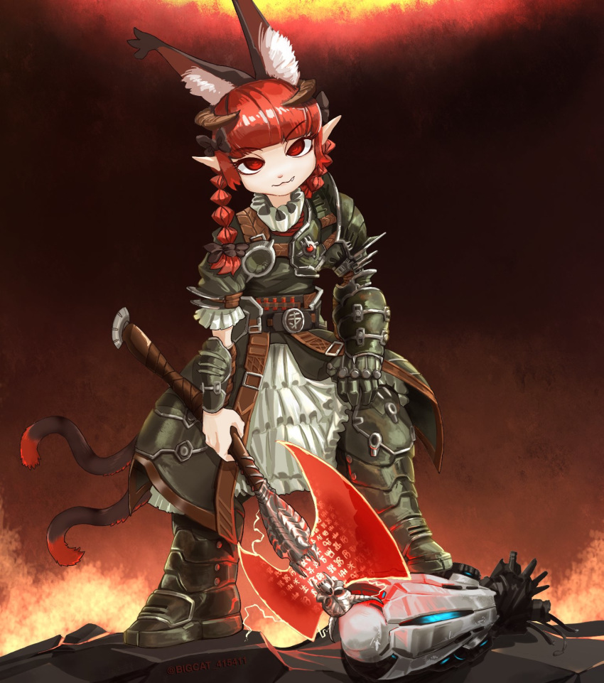 1boy 1girl animal_ears armor armored_boots armored_dress axe bad_end bigcat_114514 boots braid cat_ears cat_tail cosplay crossover doom_(game) doom_eternal energy_axe extra_ears fang fire gauntlets hair_ribbon hell highres kaenbyou_rin looking_at_viewer marauder_(doom_eternal) marauder_(doom_eternal)_(cosplay) multiple_tails pointy_ears red_eyes red_hair ribbon robot samuel_hayden severed_head smirk solo_focus standing stepped_on tail touhou twin_braids twitter_username