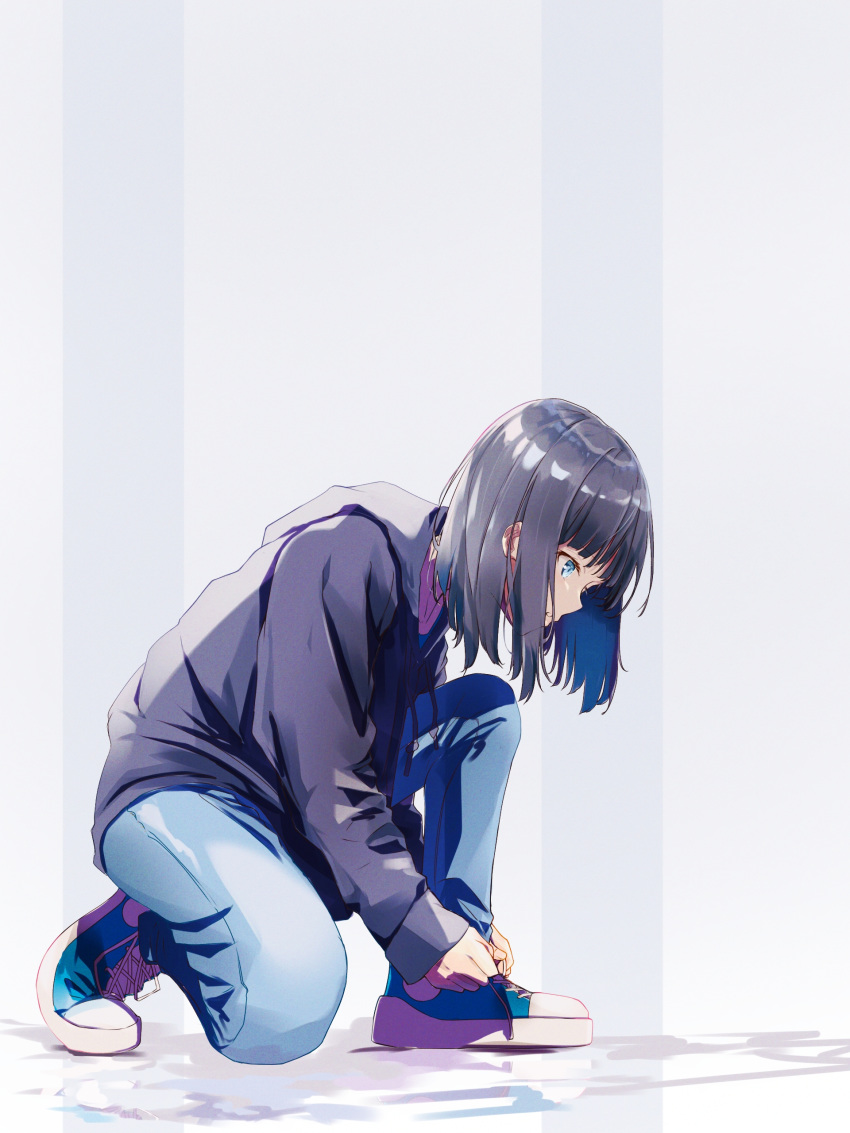 1girl absurdres black_hair blue_eyes bob_cut denim highres hood hoodie jeans original pants profile shoes short_hair sneakers solo squatting tying_shoes x_x_fry