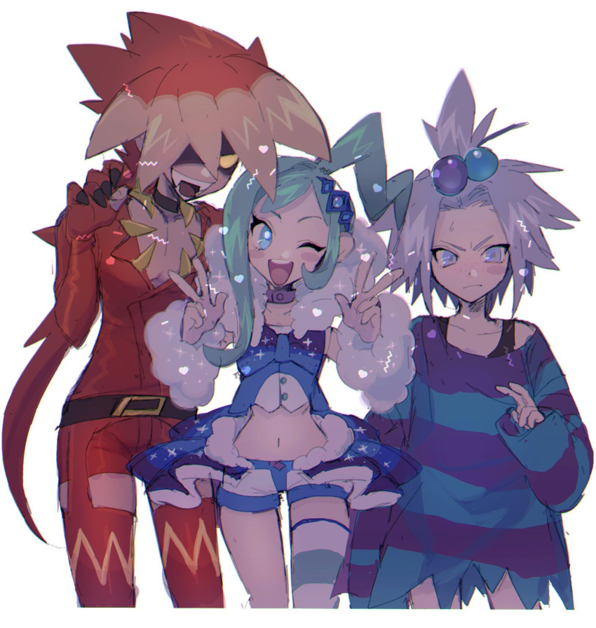 1boy 2girls annoyed blue_eyes blush coat double_w dress facing_viewer forehead green_hair gym_leader highres homika_(pokemon) looking_at_viewer lucia_(pokemon) midriff multicolored_hair multiple_girls pokemon pokemon_(game) pokemon_bw2 pokemon_oras pokemon_sm red_coat ryuuki_(pokemon) smile striped striped_dress thxzmgn tongue tongue_out v w white_background white_hair yellow_eyes