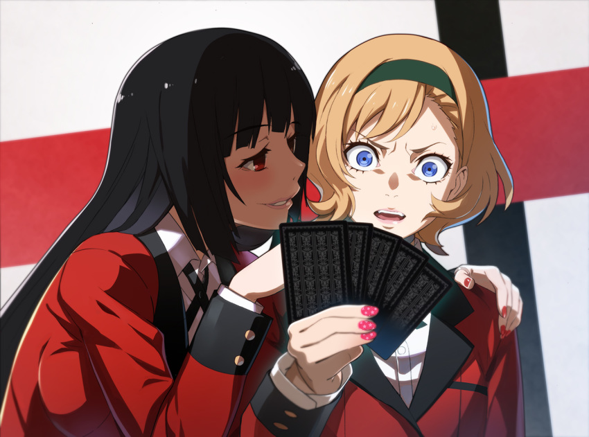 2girls black_hair blonde_hair blue_eyes card commentary hairband hime_cut holding holding_card jabami_yumeko kakegurui long_hair long_sleeves multiple_girls nyoro_(nyoronyoro000) red_eyes school_uniform short_hair sumeragi_itsuki