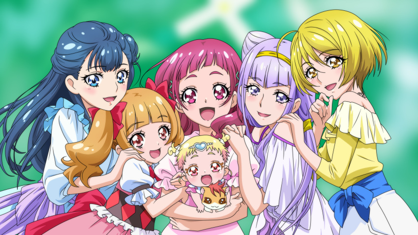 5girls :d aisaki_emiru anime_coloring baby back_bow blonde_hair blue_dress blue_eyes blue_hair blurry blurry_background bow brown_eyes brown_hair carrying dearigazu2001 dress floating_hair hair_bow hand_on_another's_shoulder hands_on_another's_shoulder harryham_harry highres hug-tan_(precure) hugtto!_precure kagayaki_homare long_hair multiple_girls nono_hana off-shoulder_shirt off_shoulder open_mouth pink_hair pink_skirt precure purple_eyes purple_hair red_bow red_eyes red_hair ruru_amour shiny shiny_hair shirt short_hair short_sleeves shoulder_cutout skirt smile sundress twintails upper_body very_long_hair white_dress white_skirt yakushiji_saaya yellow_eyes yellow_shirt