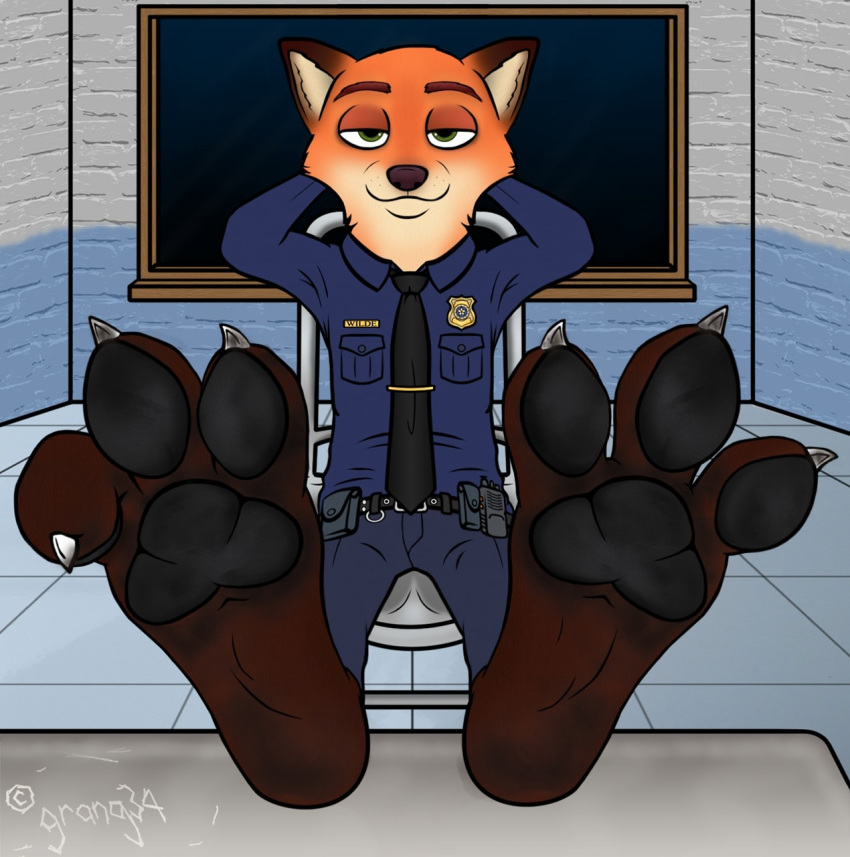 3_toes 4_fingers anthro badge barefoot bottomwear canid canine chair claws clothed clothing dirty dirty_feet disney feet feet_up fingers foot_fetish foot_focus fox fully_clothed furniture grang34 hands_behind_head hi_res looking_at_viewer male mammal necktie nick_wilde pants pawpads paws police_uniform red_fox shirt signature sitting smile soles solo spread_toes table toe_claws toe_curl toes topwear uniform zootopia