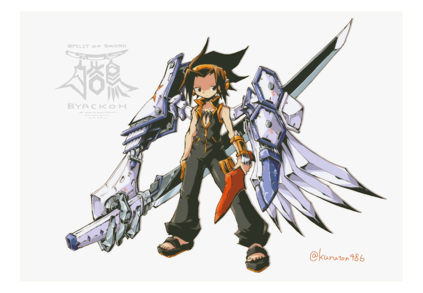 1boy asakura_you brown_eyes brown_hair extra_arms headband holding holding_knife holding_sword holding_weapon knife kuruton486 looking_to_the_side mecha_danshi sandals shaman_king solo sword weapon white_background