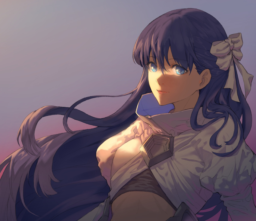 1girl absurdres bangs blue_eyes breasts closed_mouth cropped_jacket fate/extra fate/extra_ccc fate/grand_order fate_(series) hair_ribbon highres jacket l3lacky623 long_hair long_sleeves looking_at_viewer meltryllis purple_hair ribbon small_breasts smile very_long_hair white_jacket white_ribbon